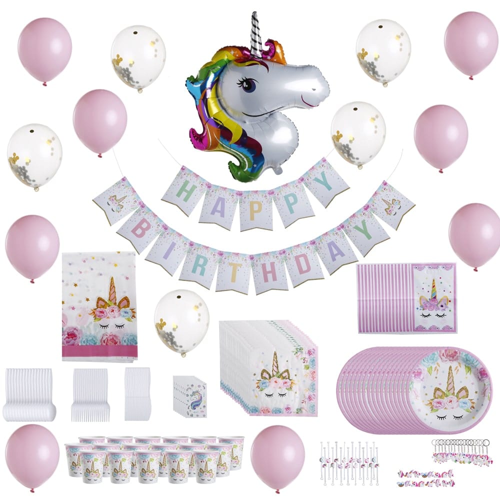 Deco Anniversaire Licorne Kit Fête avec Ballon Licorne Rose et Blanc  Paillettes Vaisselle jetable Nappe et Cadeaux pour toutes les invitées