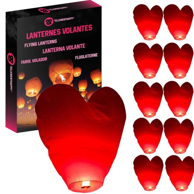 Lanterne volante cœur rouge biodégradable - Lot de 10