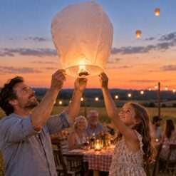 Père et fille lâchant un lampion volant blanc lors d’une fête d’été en famille