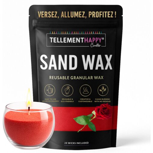Cire Bougie en Sable 1Kg + 20 Mèches | Parfum Rose | Sand Wax Écologique & Réutilisable | Fabrication Bougies Facile | Granulés de Cire Végétale Rouge | Idéal DIY Bougie Maison