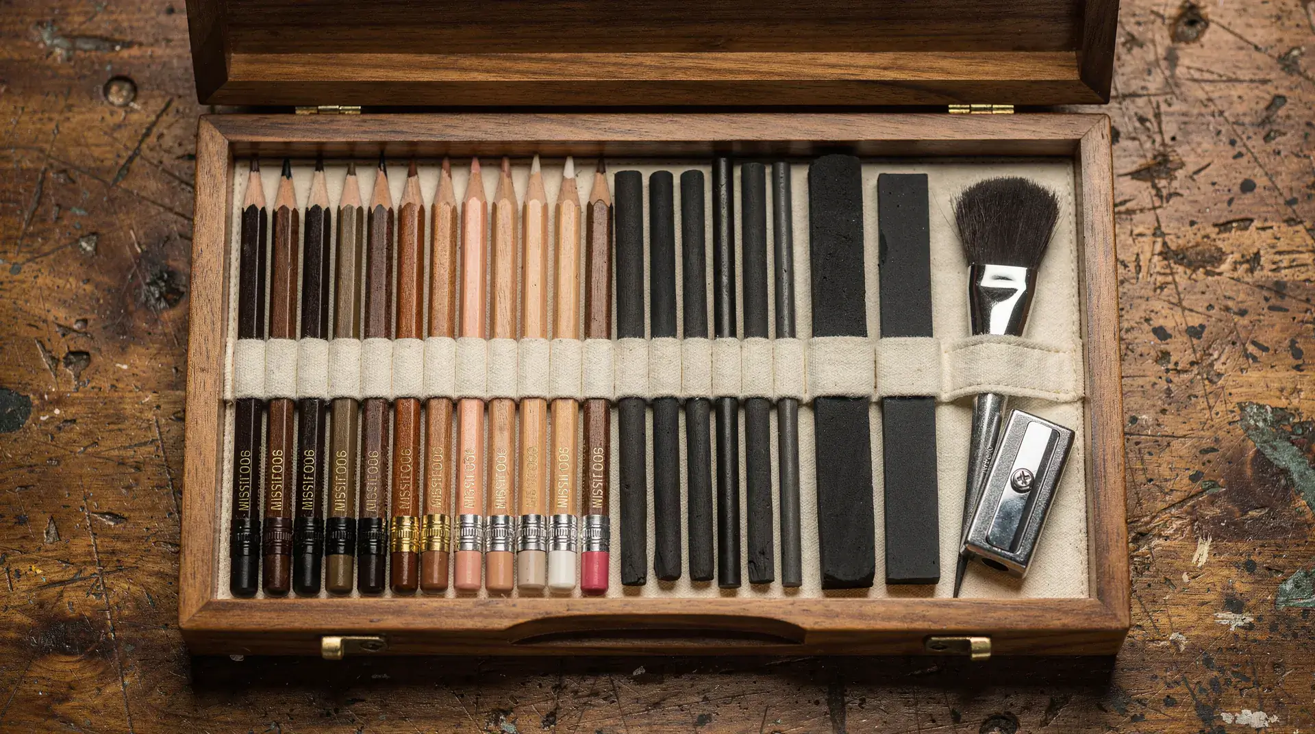 Coffret de crayons de dessin professionnel ouvert sur une table d'atelier