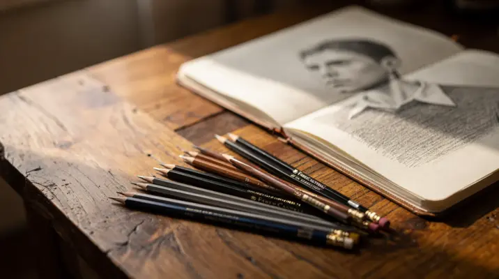 Crayons de dessin professionnels disposes sur table d artiste