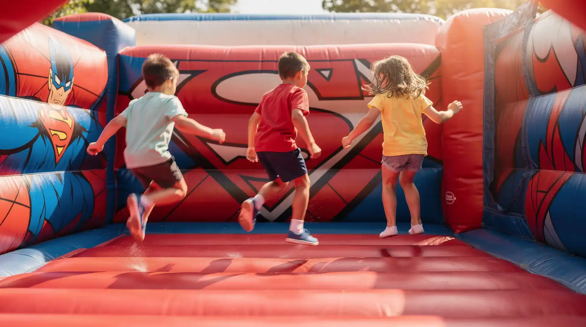 Enfants jouant joyeusement dans un château gonflable thème super-héros lors d'un anniversaire