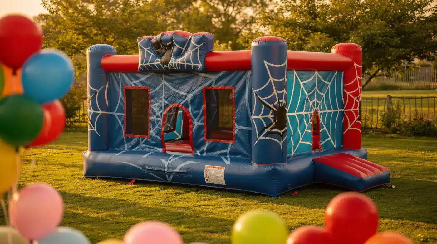 Château gonflable Spider-Man bleu et rouge installé dans un jardin pour un anniversaire d'enfant