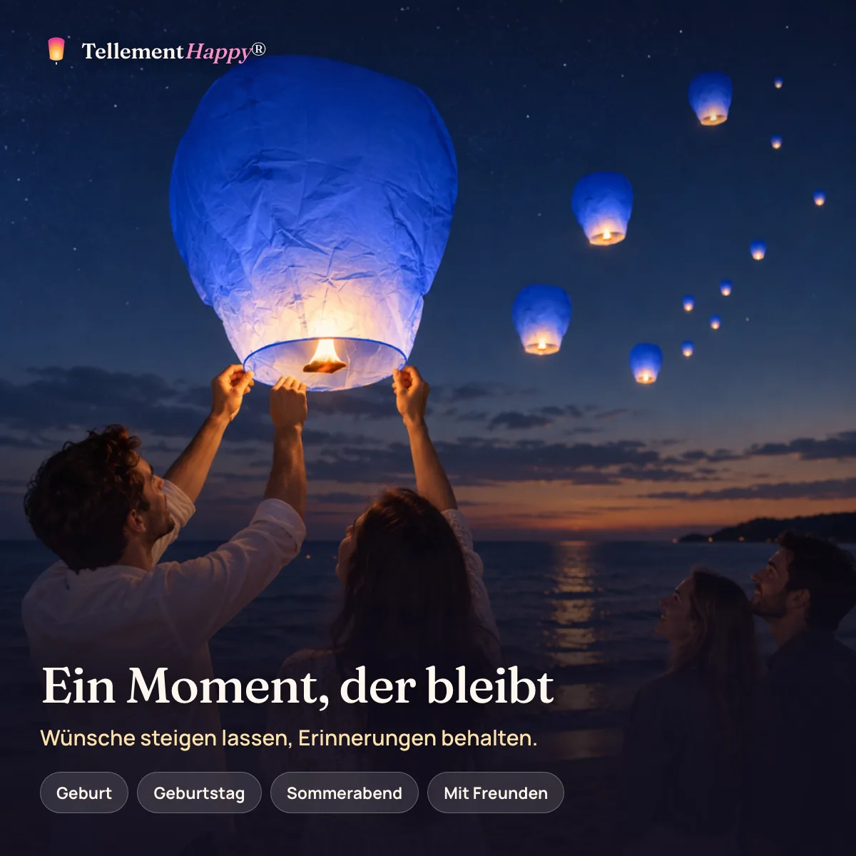 Ein Moment, der bleibt – Blaue Himmelslaternen (Geburt, Geburtstag, Sommerabend, Mit Freunden)