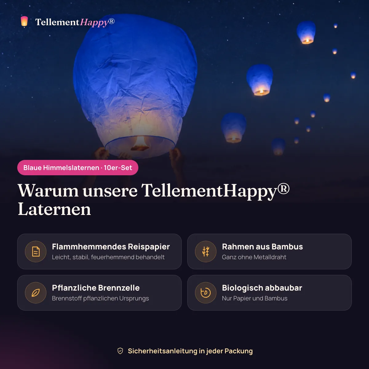 Blaue Himmelslaternen TellementHappy®: Flammhemmendes Reispapier, Rahmen aus Bambus, Pflanzliche Brennzelle, Biologisch abbaubar