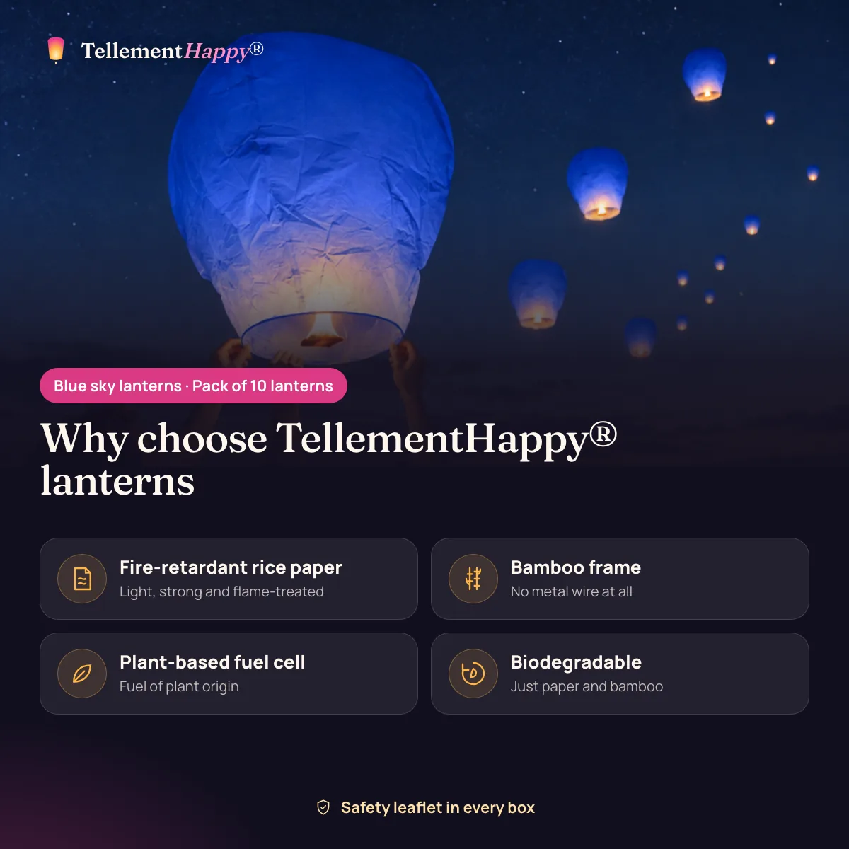 Blue sky lanterns TellementHappy®: Fire-retardant rice paper, Bamboo frame, Plant-based fuel cell, Biodegradable