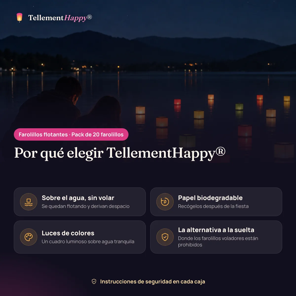 Farolillos flotantes TellementHappy®: Sobre el agua, sin volar, Papel biodegradable, Luces de colores, La alternativa a la suelta