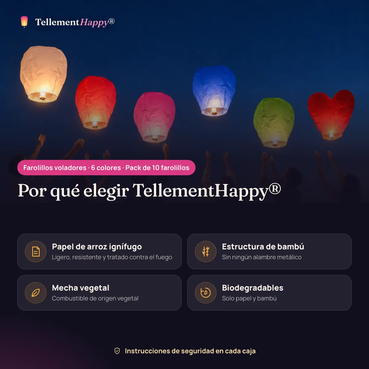 Farolillos voladores · 6 colores TellementHappy®: Papel de arroz ignífugo, Estructura de bambú, Mecha vegetal, Biodegradables