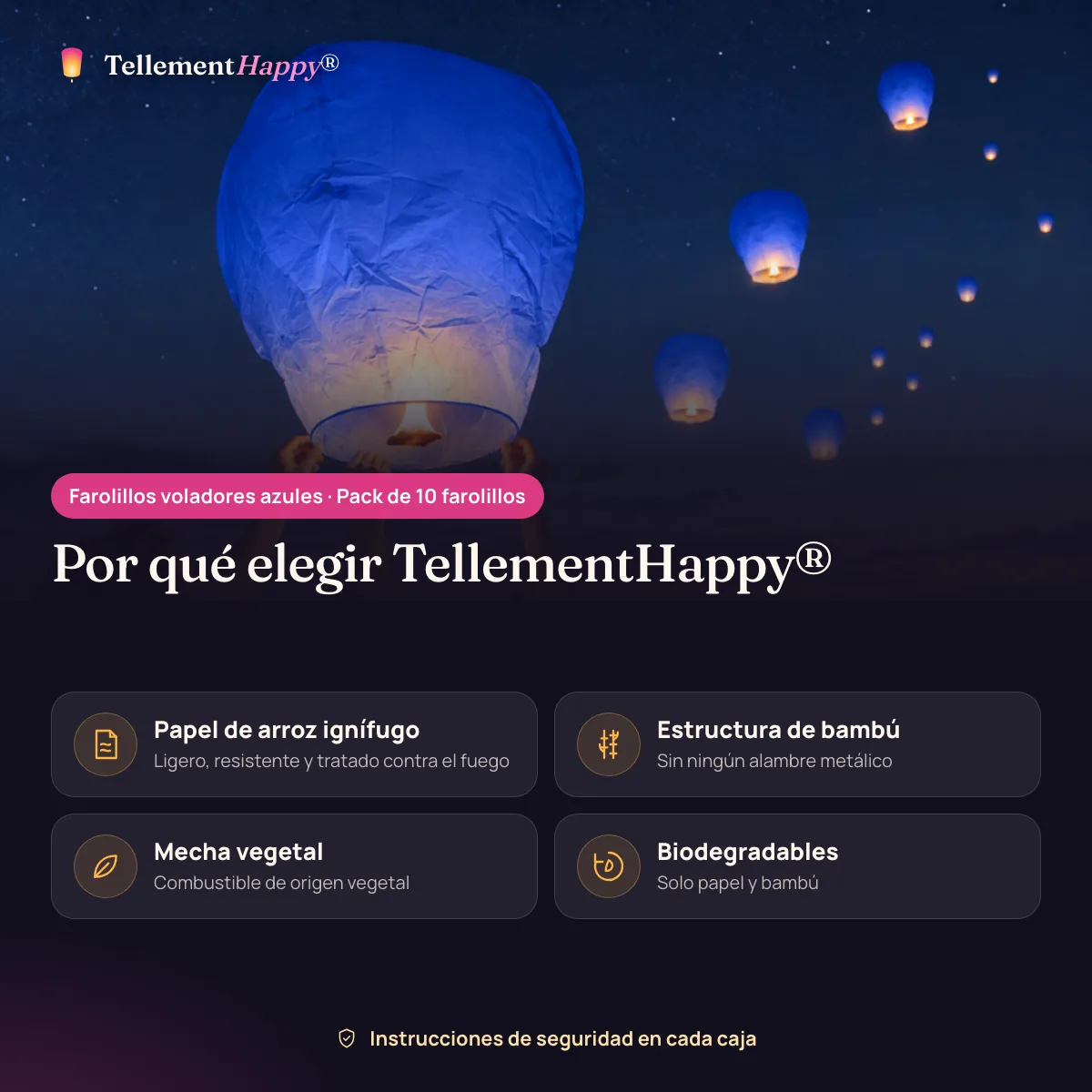 Farolillos voladores azules TellementHappy®: Papel de arroz ignífugo, Estructura de bambú, Mecha vegetal, Biodegradables