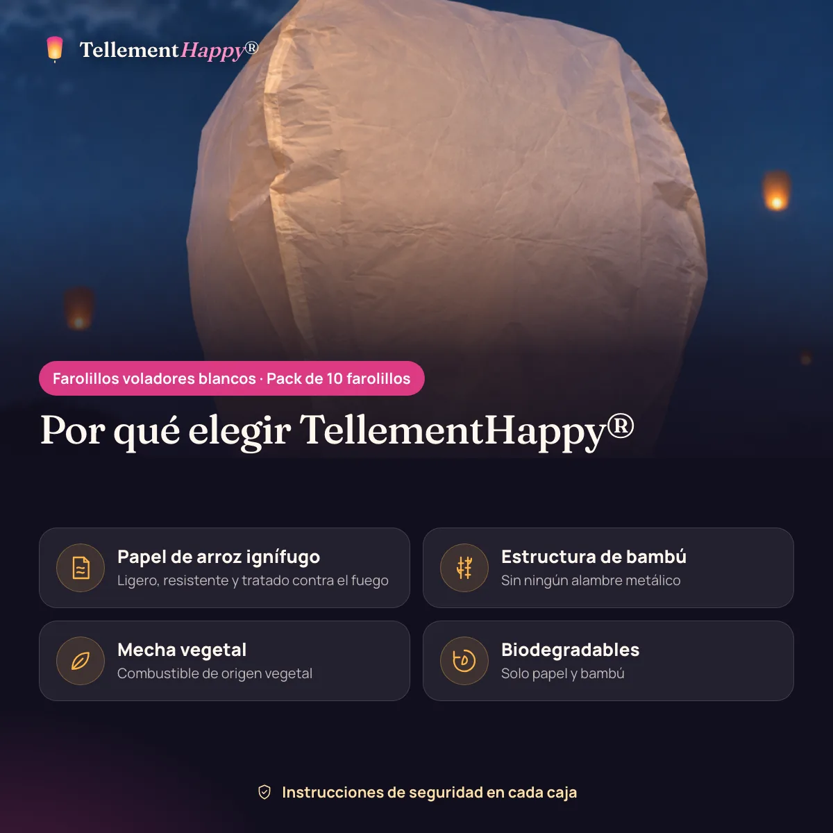 Farolillos voladores blancos TellementHappy®: Papel de arroz ignífugo, Estructura de bambú, Mecha vegetal, Biodegradables