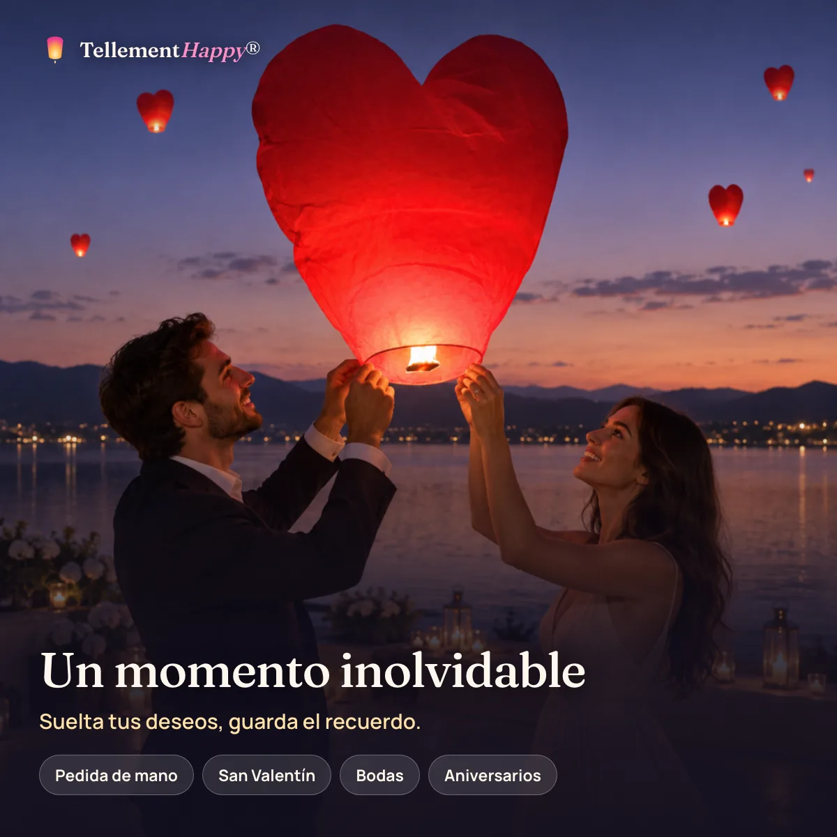 Un momento inolvidable – Farolillos voladores de corazón rojo (Pedida de mano, San Valentín, Bodas, Aniversarios)