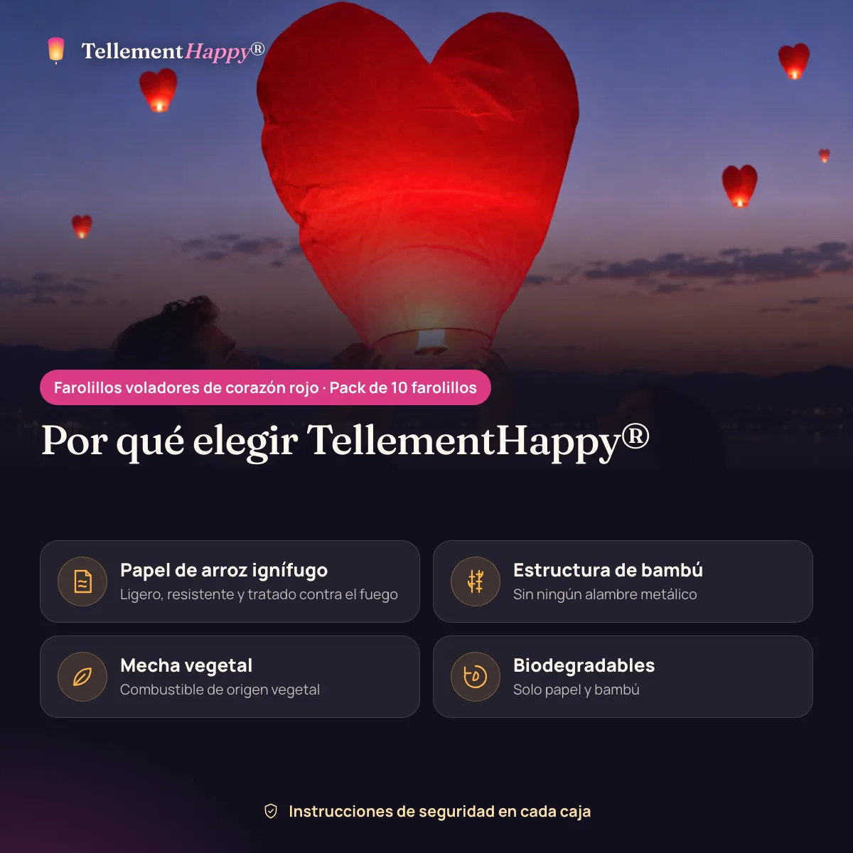 Farolillos voladores de corazón rojo TellementHappy®: Papel de arroz ignífugo, Estructura de bambú, Mecha vegetal, Biodegradables
