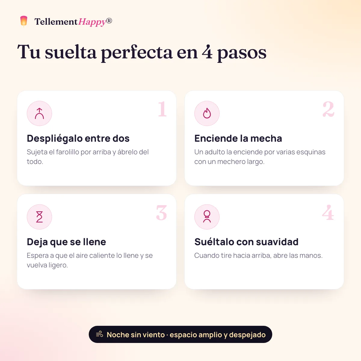 Tu suelta perfecta en 4 pasos: Despliégalo entre dos, Enciende la mecha, Deja que se llene, Suéltalo con suavidad