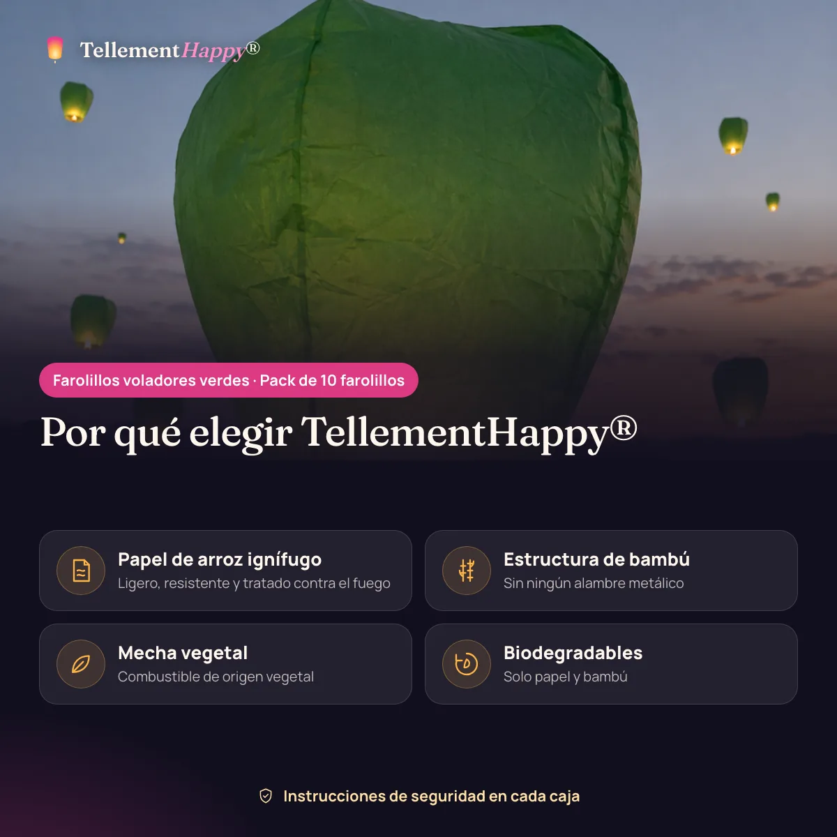 Farolillos voladores verdes TellementHappy®: Papel de arroz ignífugo, Estructura de bambú, Mecha vegetal, Biodegradables
