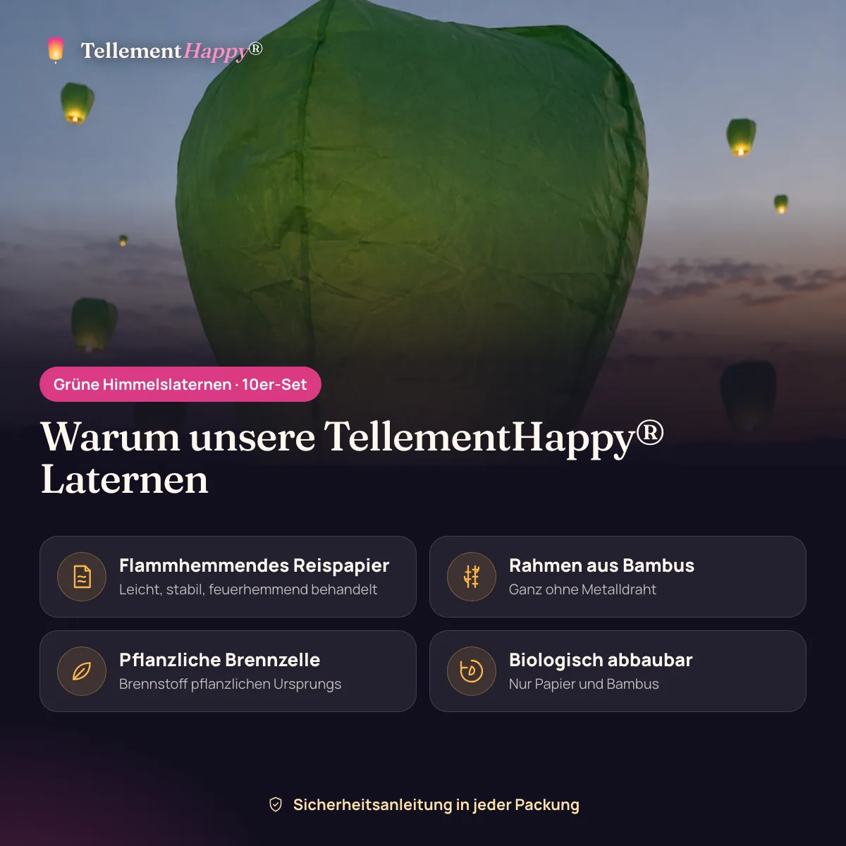 Grüne Himmelslaternen TellementHappy®: Flammhemmendes Reispapier, Rahmen aus Bambus, Pflanzliche Brennzelle, Biologisch abbaubar