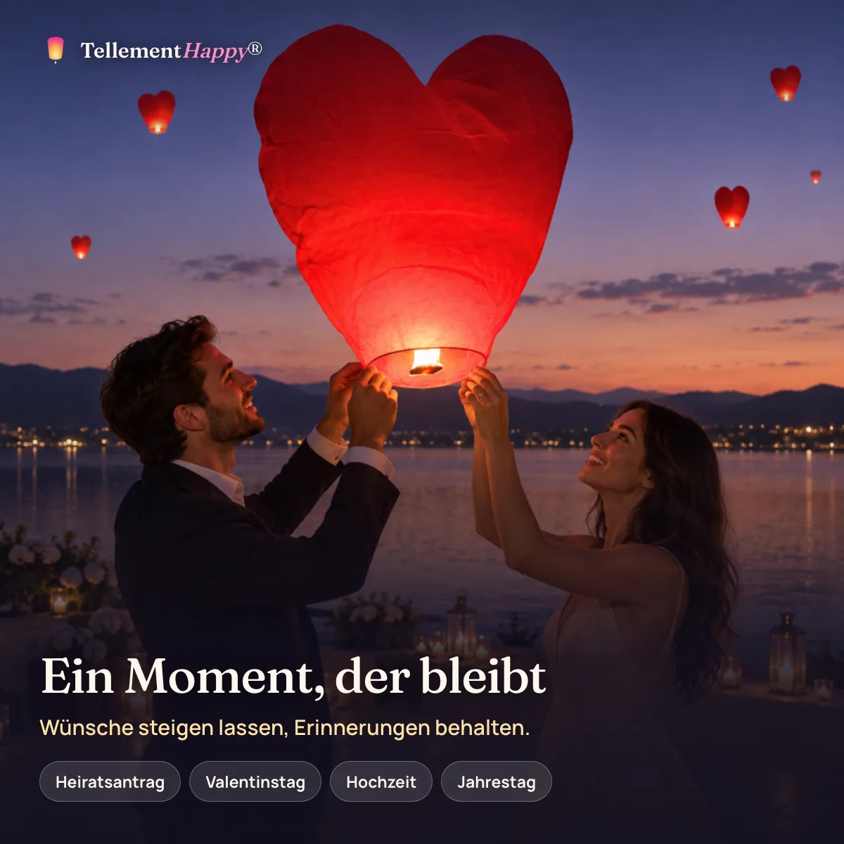 Ein Moment, der bleibt – Herz-Himmelslaternen in Rot (Heiratsantrag, Valentinstag, Hochzeit, Jahrestag)