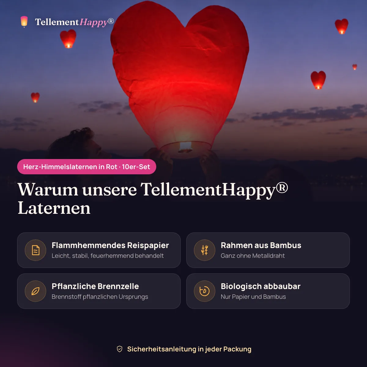 Herz-Himmelslaternen in Rot TellementHappy®: Flammhemmendes Reispapier, Rahmen aus Bambus, Pflanzliche Brennzelle, Biologisch abbaubar
