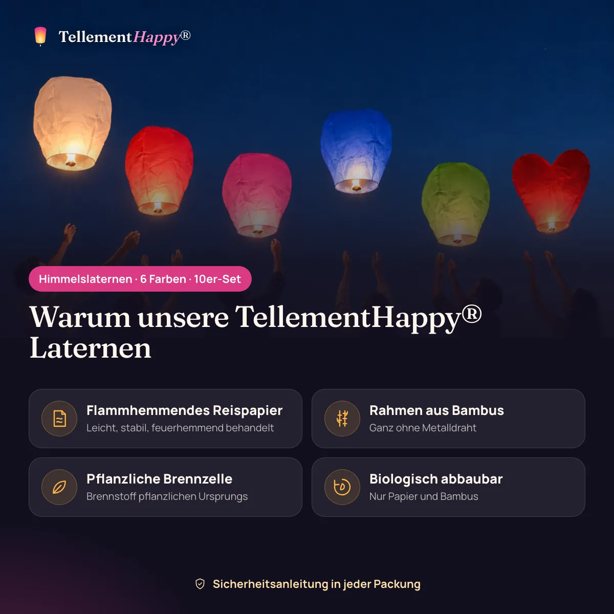 Himmelslaternen · 6 Farben TellementHappy®: Flammhemmendes Reispapier, Rahmen aus Bambus, Pflanzliche Brennzelle, Biologisch abbaubar