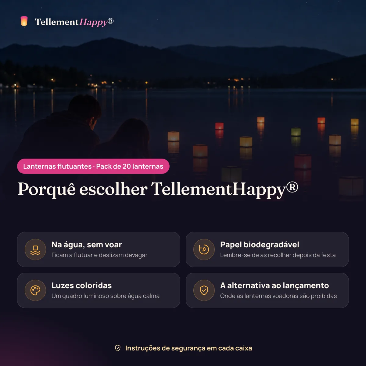 Lanternas flutuantes TellementHappy®: Na água, sem voar, Papel biodegradável, Luzes coloridas, A alternativa ao lançamento
