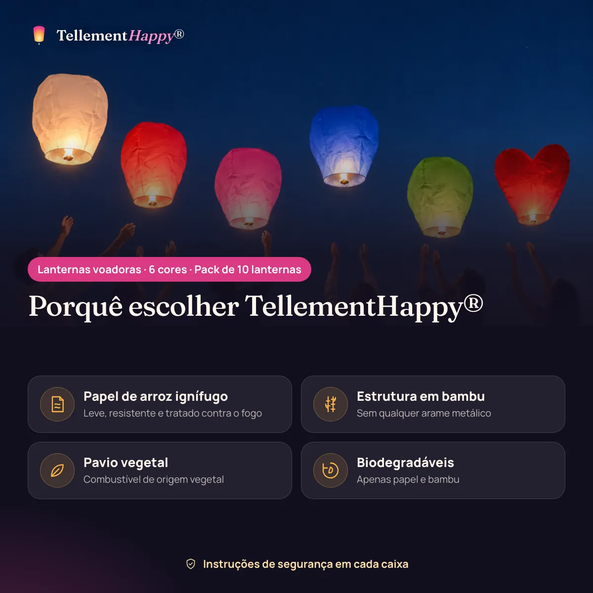 Lanternas voadoras · 6 cores TellementHappy®: Papel de arroz ignífugo, Estrutura em bambu, Pavio vegetal, Biodegradáveis