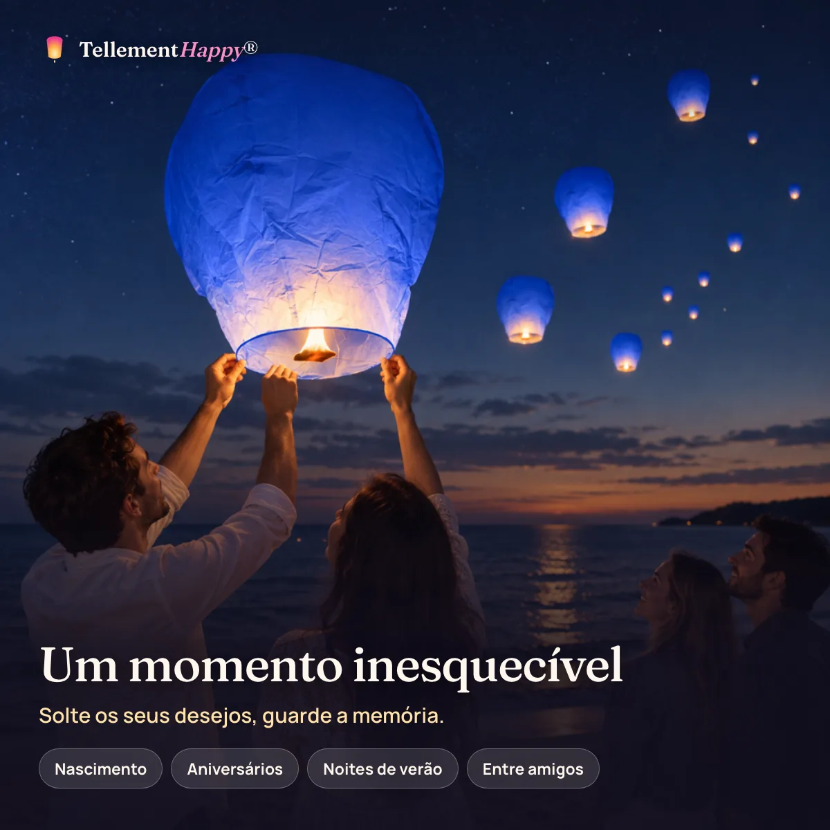 Um momento inesquecível – Lanternas voadoras azuis (Nascimento, Aniversários, Noites de verão, Entre amigos)
