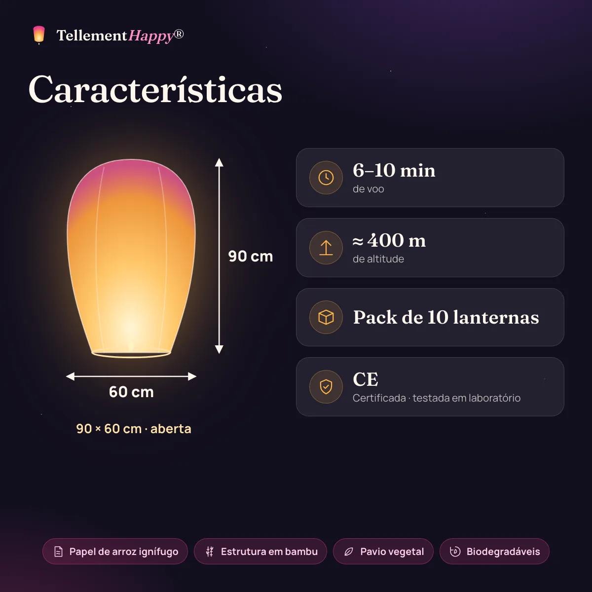 Lanternas voadoras brancas: 90 × 60 cm, 6–10 min de voo, ≈ 400 m de altitude, CE