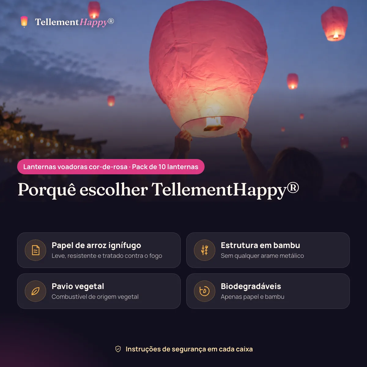 Lanternas voadoras cor-de-rosa TellementHappy®: Papel de arroz ignífugo, Estrutura em bambu, Pavio vegetal, Biodegradáveis