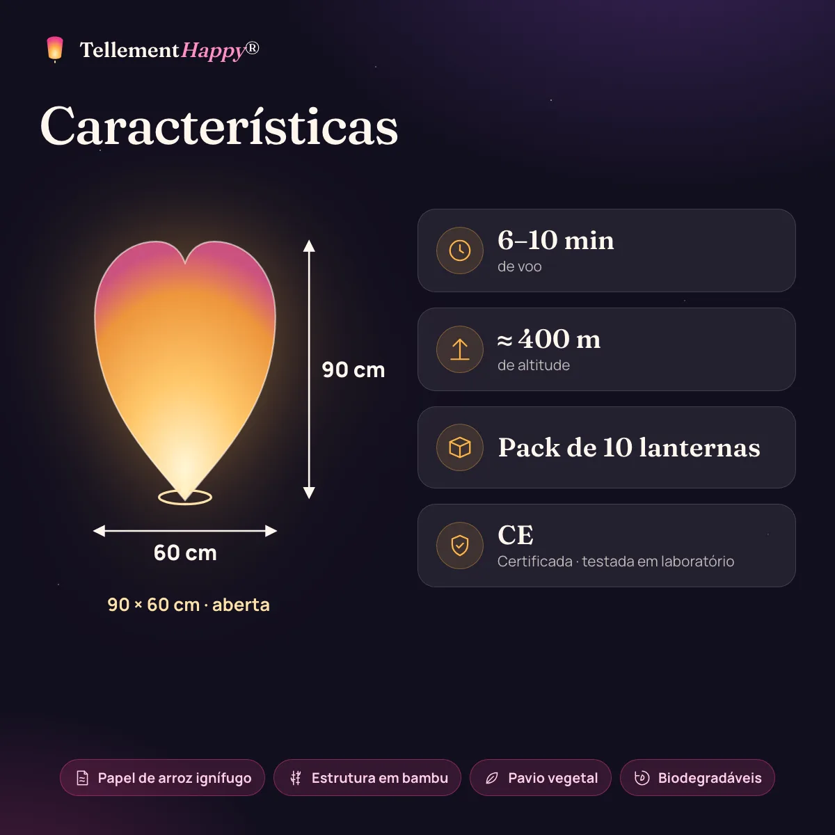 Lanternas voadoras em coração vermelho: 90 × 60 cm, 6–10 min de voo, ≈ 400 m de altitude, CE