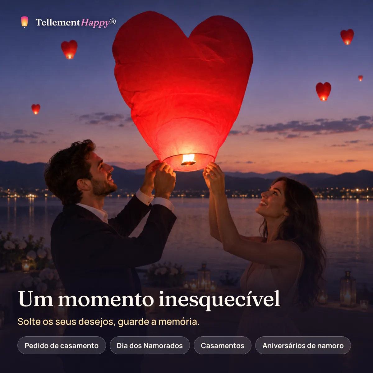 Um momento inesquecível – Lanternas voadoras em coração vermelho (Pedido de casamento, Dia dos Namorados, Casamentos, Aniversários de namoro)