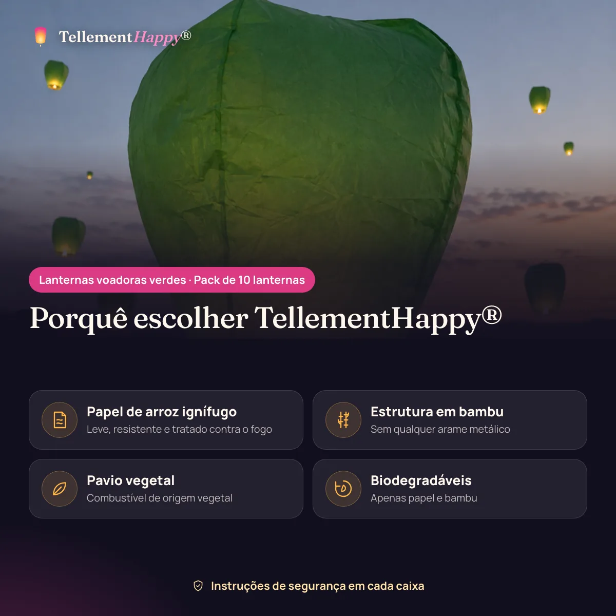 Lanternas voadoras verdes TellementHappy®: Papel de arroz ignífugo, Estrutura em bambu, Pavio vegetal, Biodegradáveis