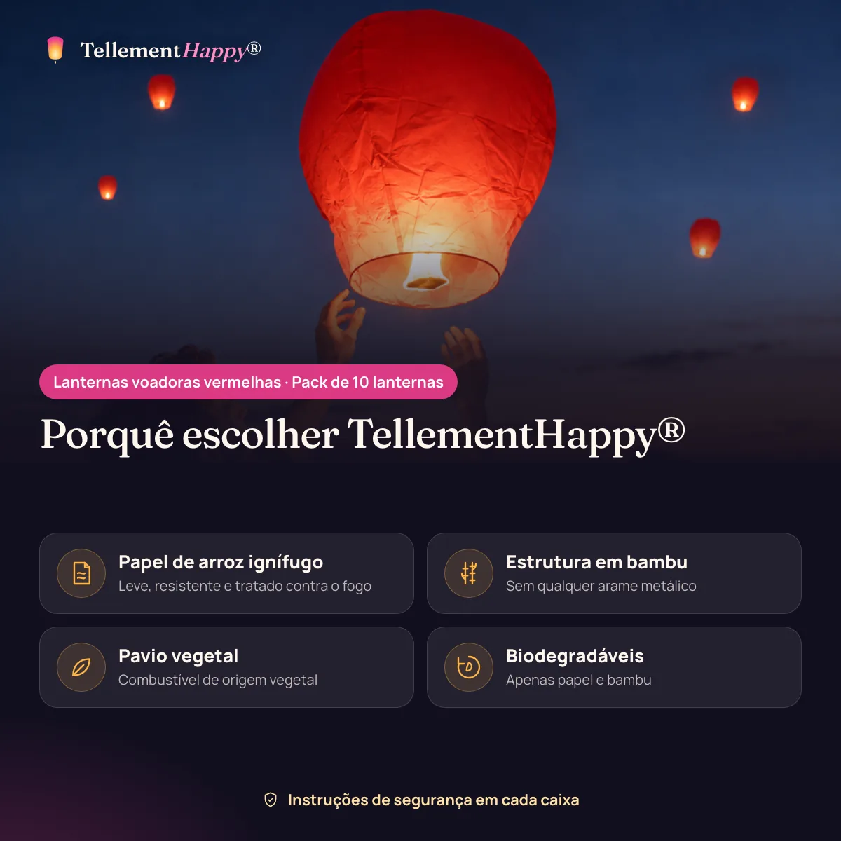 Lanternas voadoras vermelhas TellementHappy®: Papel de arroz ignífugo, Estrutura em bambu, Pavio vegetal, Biodegradáveis