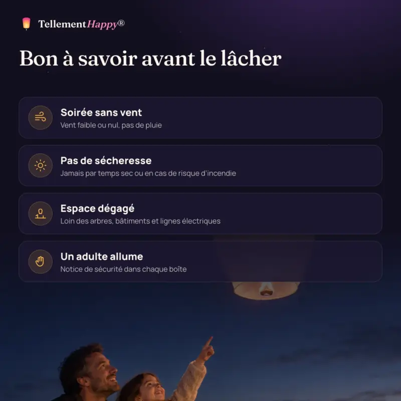 Conseils de sécurité avant un lâcher de lanternes volantes : soirée sans vent, pas de sécheresse, espace dégagé, un adulte allume