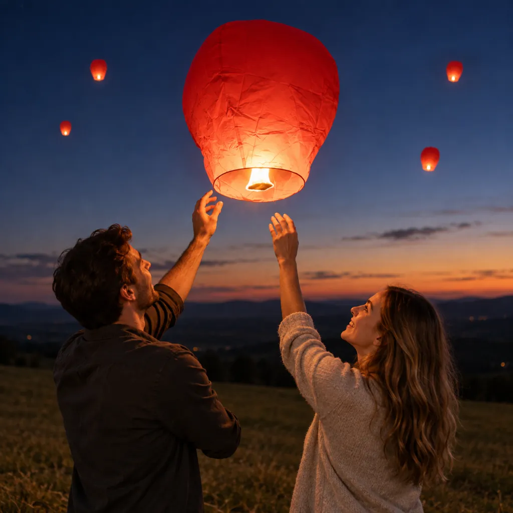 Casal a soltar uma lanterna voadora vermelha ao entardecer
