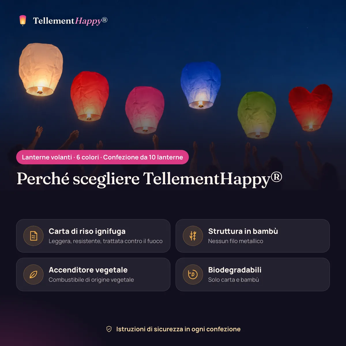 Lanterne volanti · 6 colori TellementHappy®: Carta di riso ignifuga, Struttura in bambù, Accenditore vegetale, Biodegradabili
