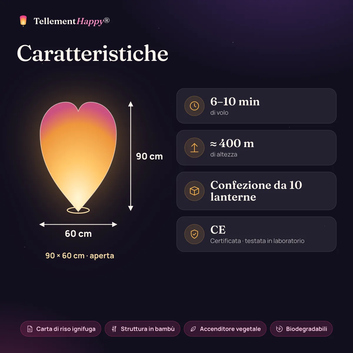 Lanterne volanti a cuore rosse: 90 × 60 cm, 6–10 min di volo, ≈ 400 m di altezza, CE