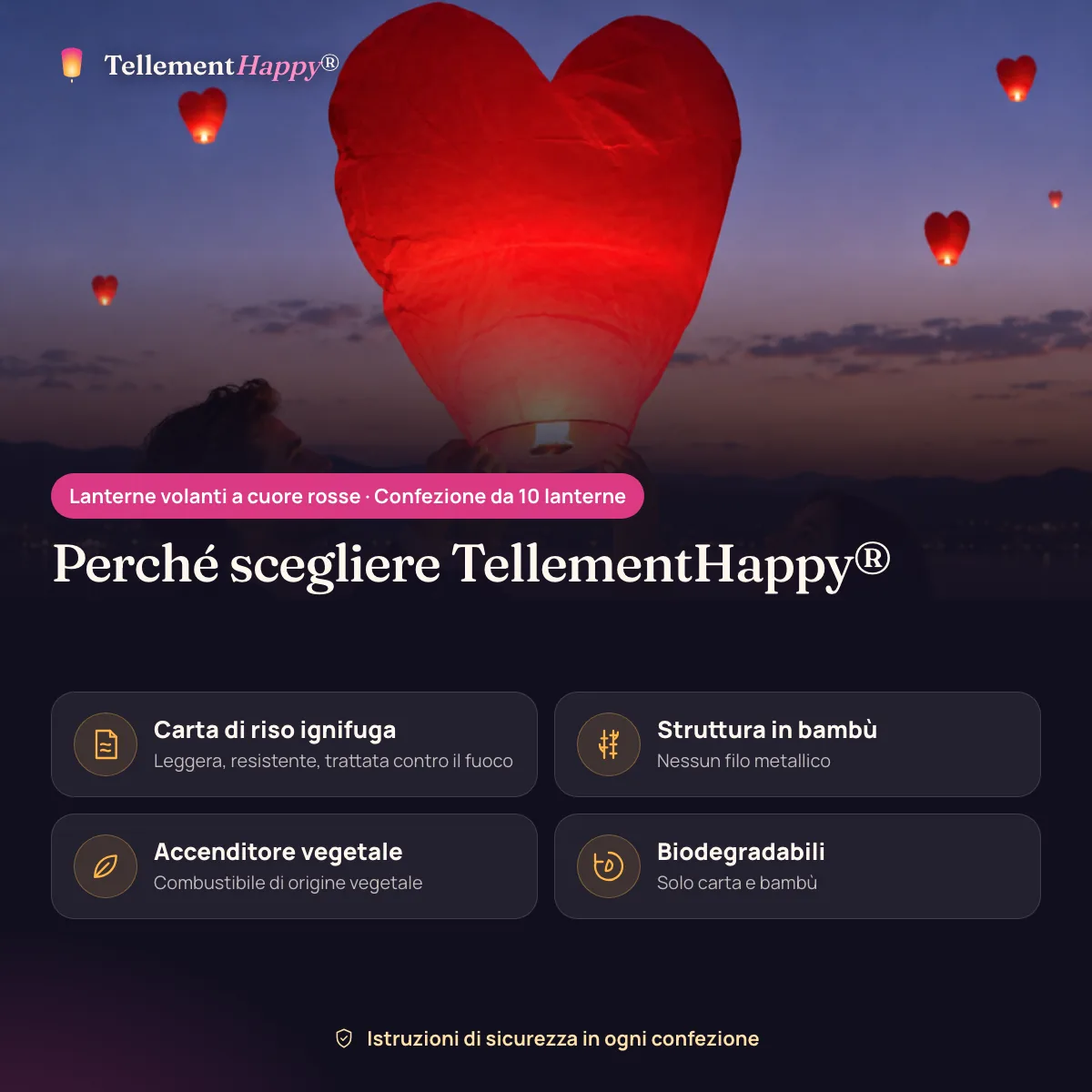 Lanterne volanti a cuore rosse TellementHappy®: Carta di riso ignifuga, Struttura in bambù, Accenditore vegetale, Biodegradabili