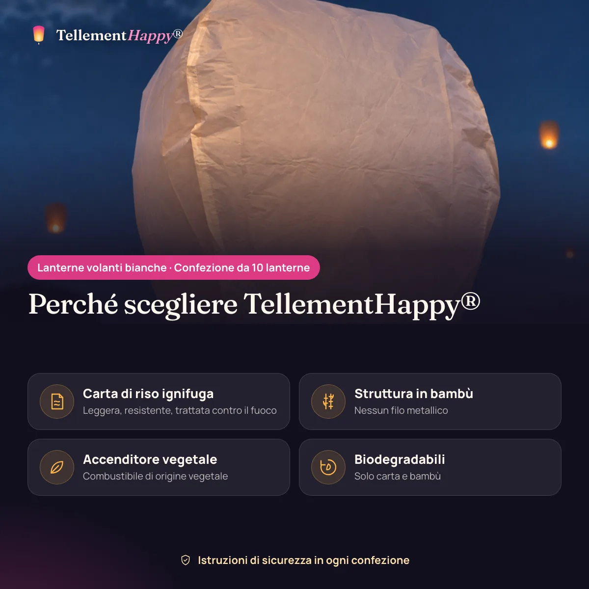 Lanterne volanti bianche TellementHappy®: Carta di riso ignifuga, Struttura in bambù, Accenditore vegetale, Biodegradabili
