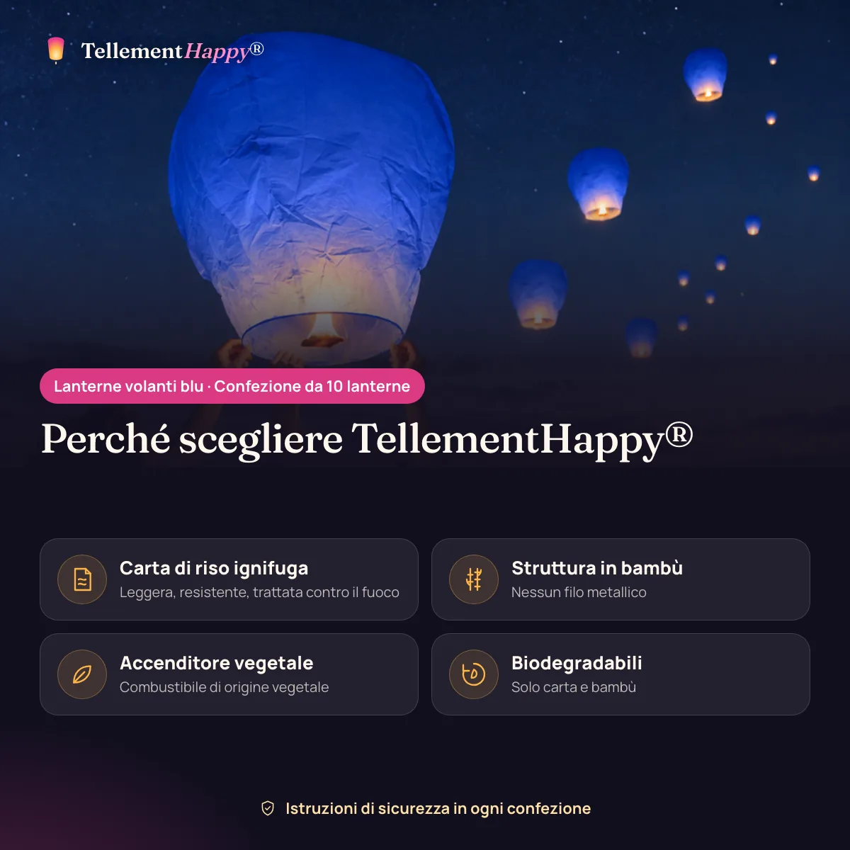 Lanterne volanti blu TellementHappy®: Carta di riso ignifuga, Struttura in bambù, Accenditore vegetale, Biodegradabili