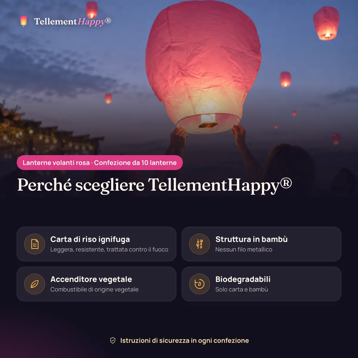 Lanterne volanti rosa TellementHappy®: Carta di riso ignifuga, Struttura in bambù, Accenditore vegetale, Biodegradabili