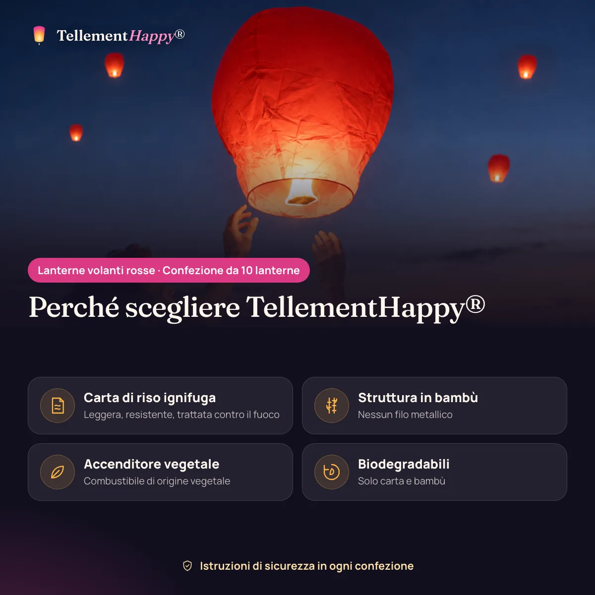 Lanterne volanti rosse TellementHappy®: Carta di riso ignifuga, Struttura in bambù, Accenditore vegetale, Biodegradabili