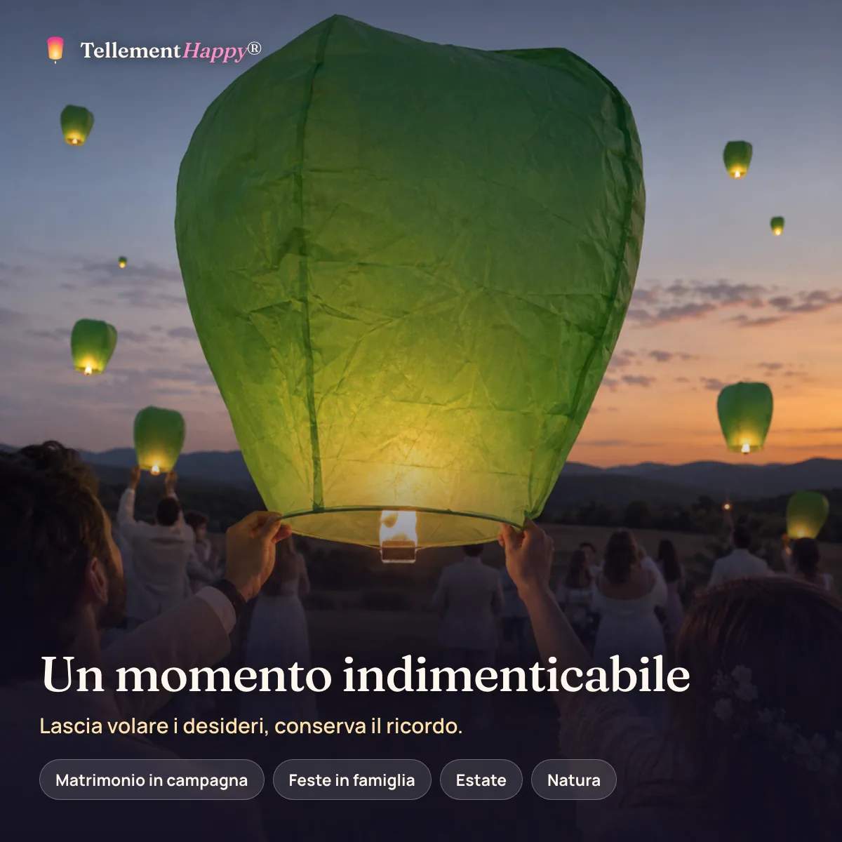 Un momento indimenticabile – Lanterne volanti verdi (Matrimonio in campagna, Feste in famiglia, Estate, Natura)