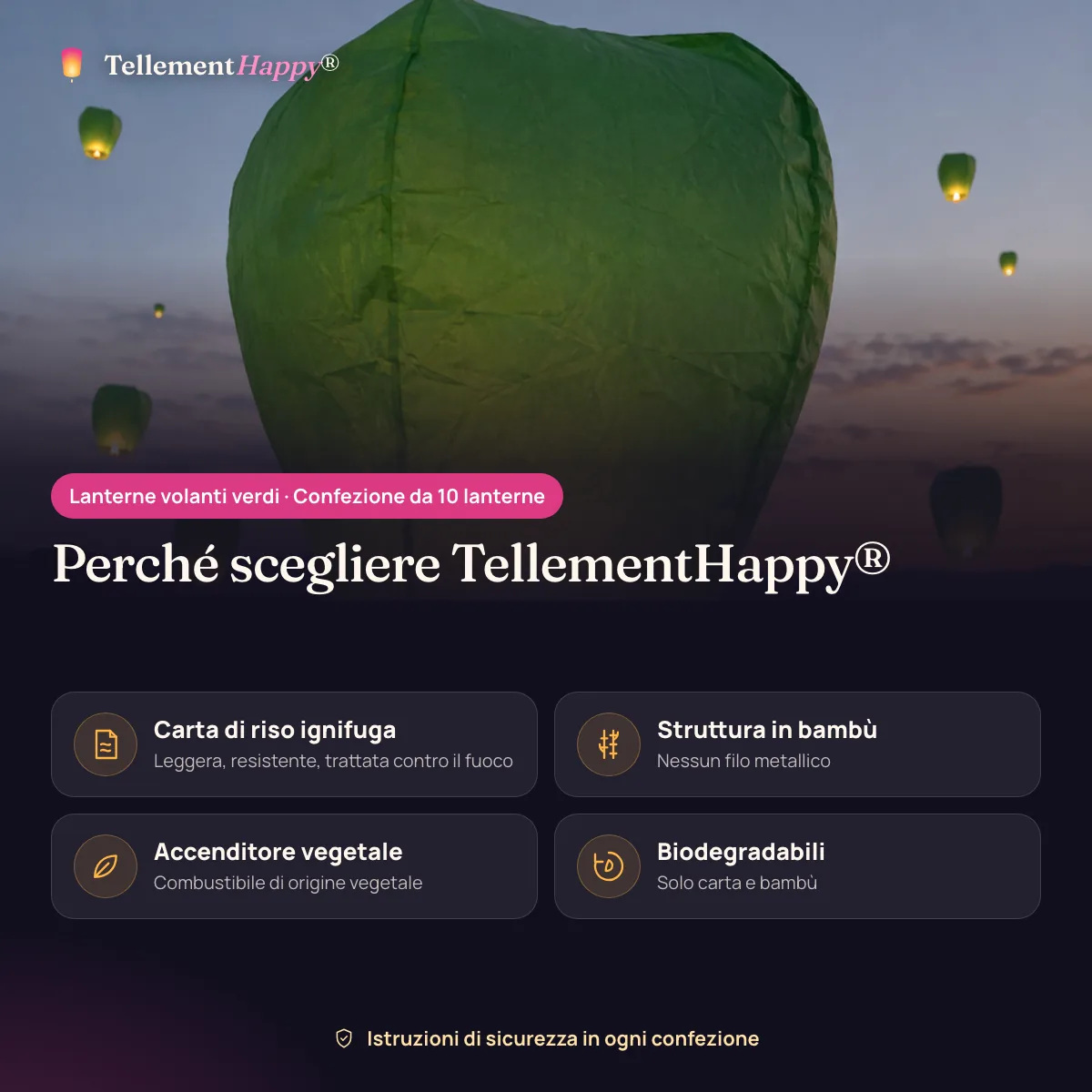 Lanterne volanti verdi TellementHappy®: Carta di riso ignifuga, Struttura in bambù, Accenditore vegetale, Biodegradabili