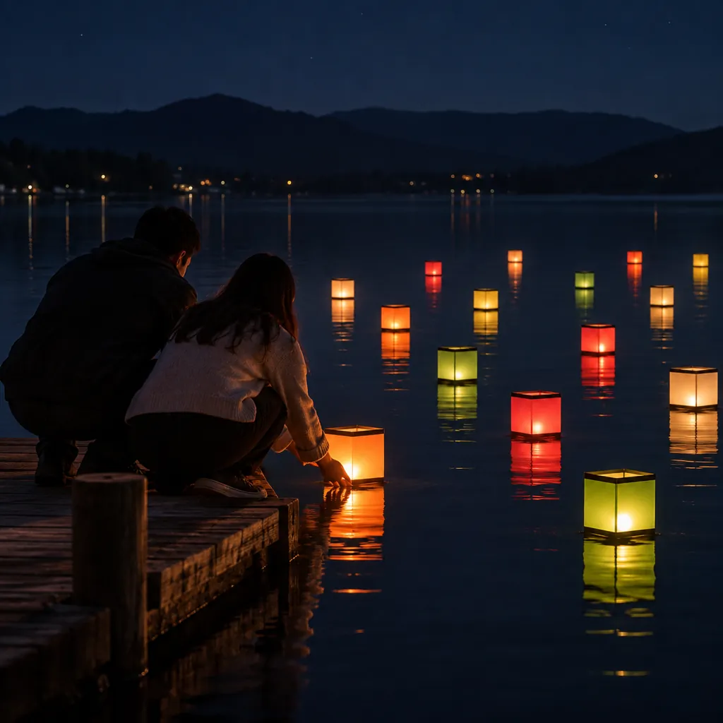 Lanternas flutuantes coloridas num lago à noite