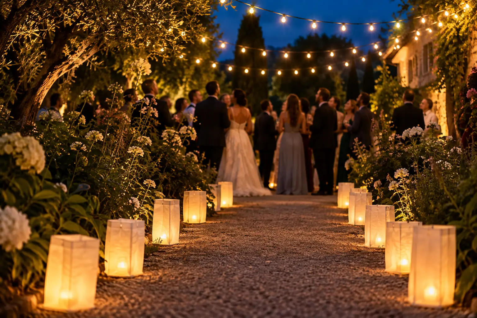 Allée de mariage bordée de lanternes en papier éclairées par des bougies LED