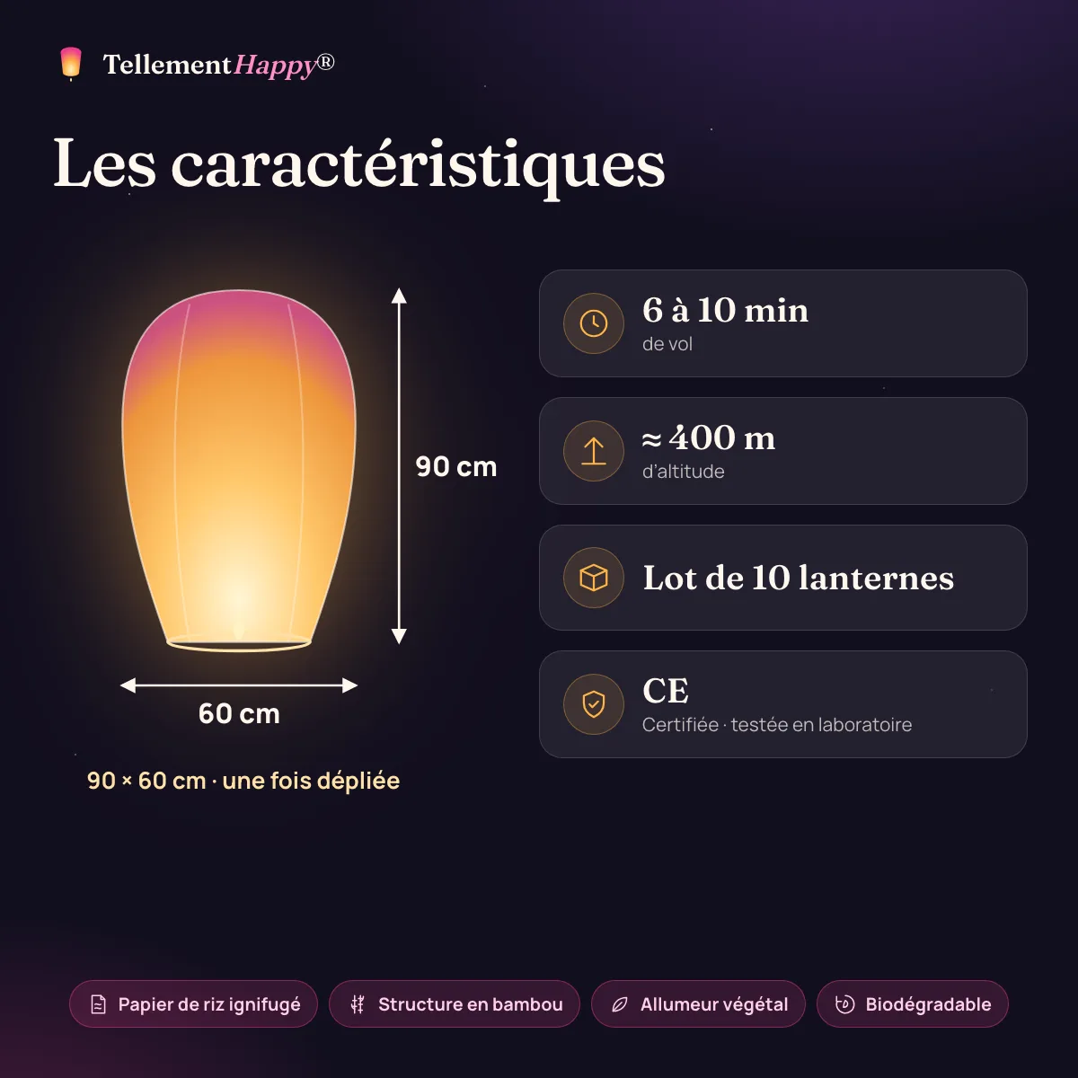 Lanternes volantes blanches : 90 × 60 cm, 6 à 10 min de vol, ≈ 400 m d’altitude, CE
