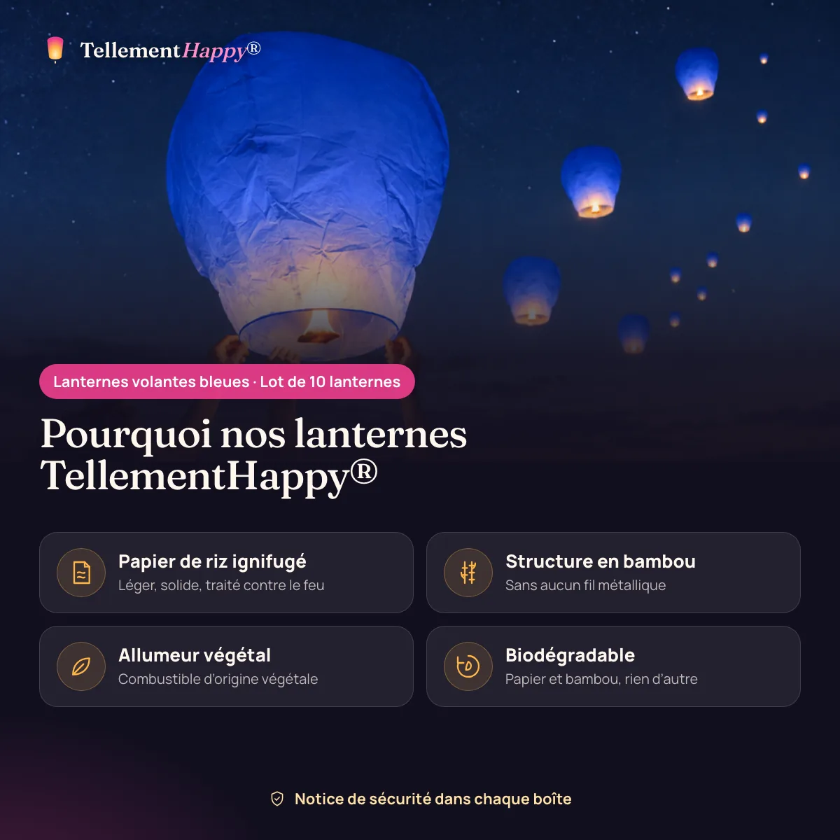 Lanternes volantes bleues TellementHappy® : Papier de riz ignifugé, Structure en bambou, Allumeur végétal, Biodégradable