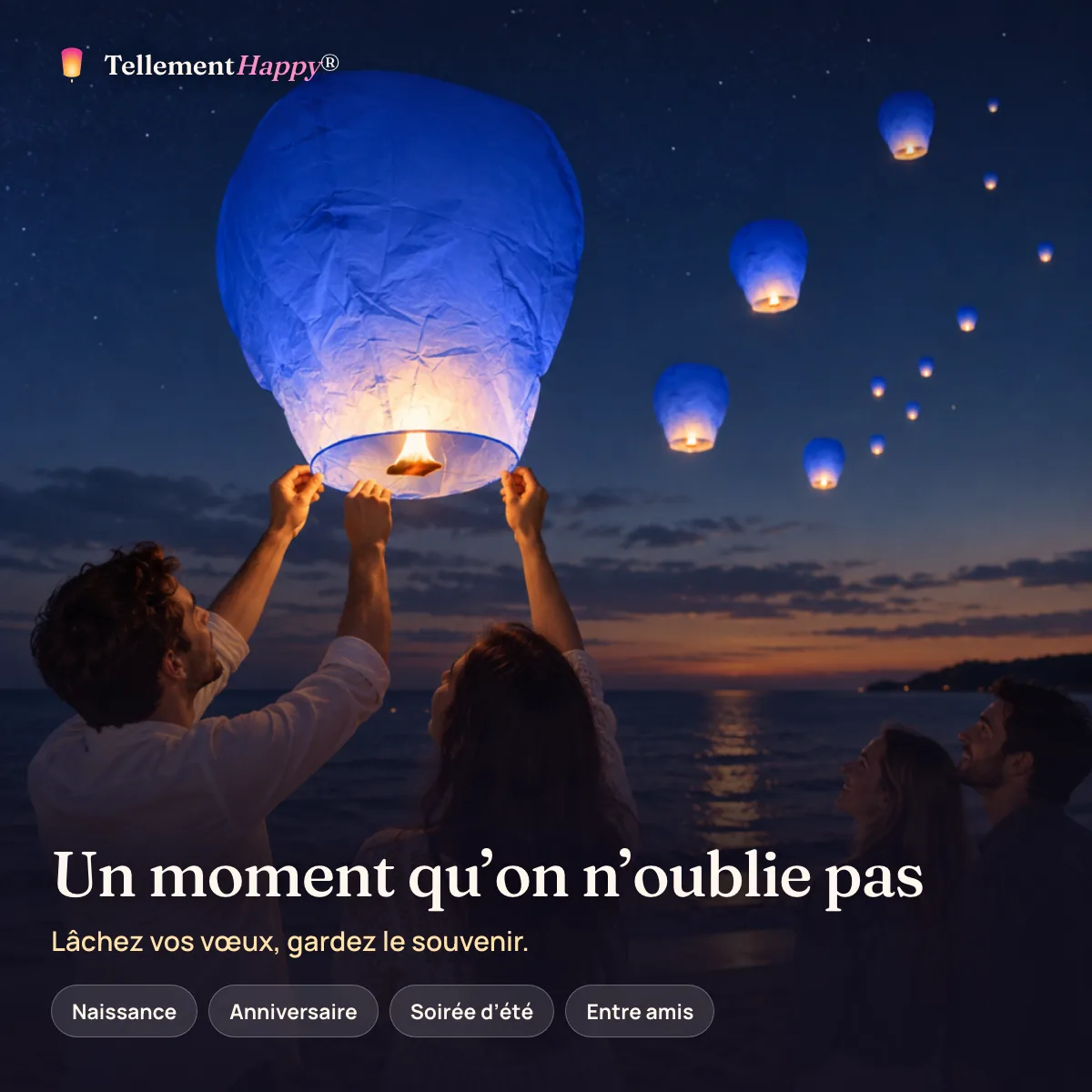 Un moment qu’on n’oublie pas – Lanternes volantes bleues (Naissance, Anniversaire, Soirée d’été, Entre amis)