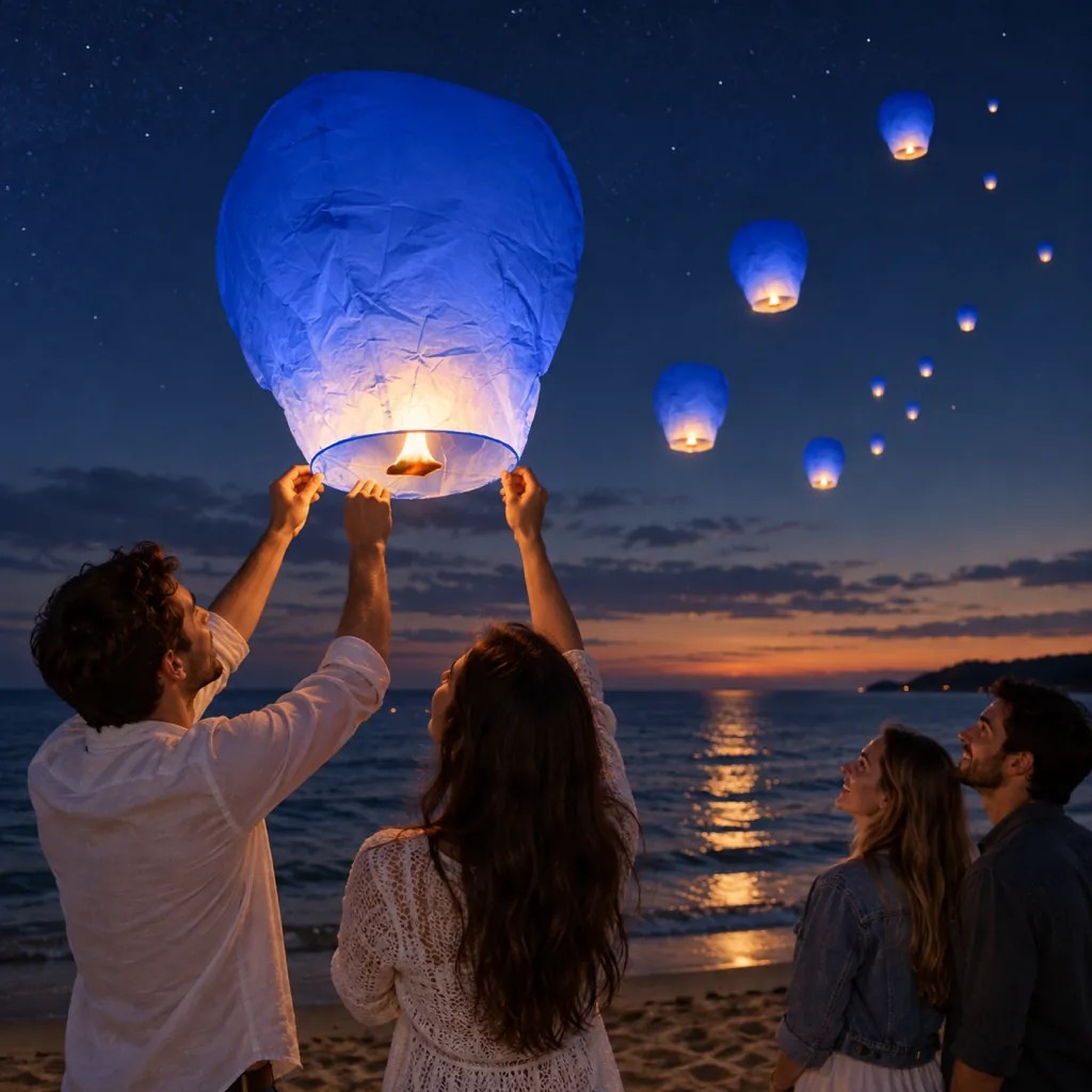 Amigos a soltar lanternas voadoras azuis na praia à noite