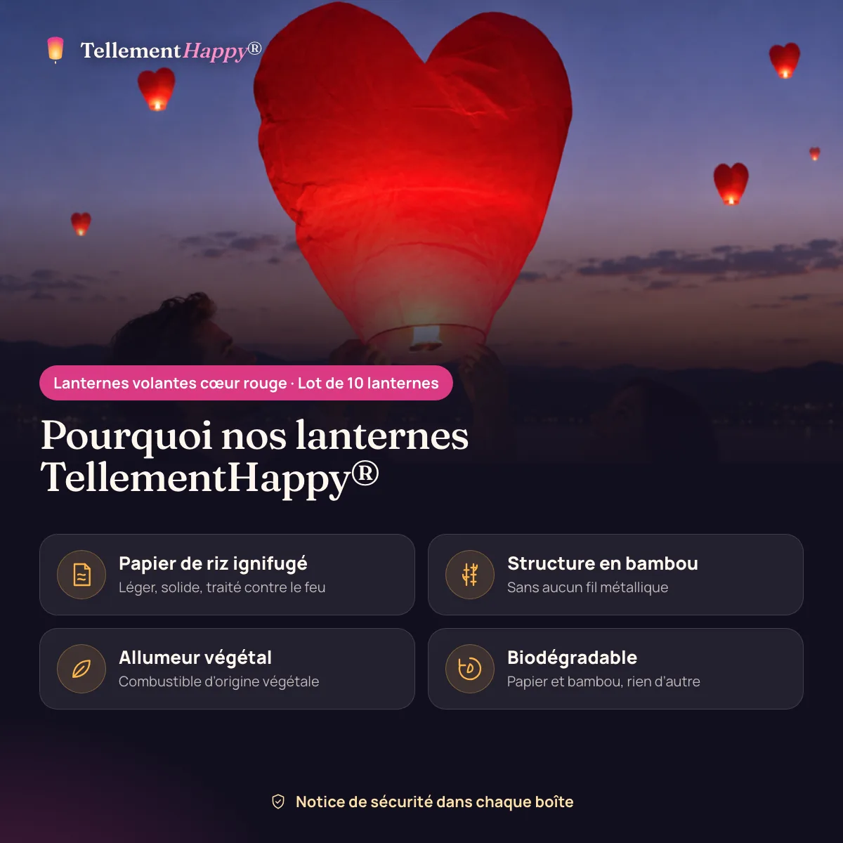 Lanternes volantes cœur rouge TellementHappy® : Papier de riz ignifugé, Structure en bambou, Allumeur végétal, Biodégradable